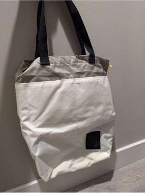 Topo Designs Canvas Tote in White and Taupe with Black Straps